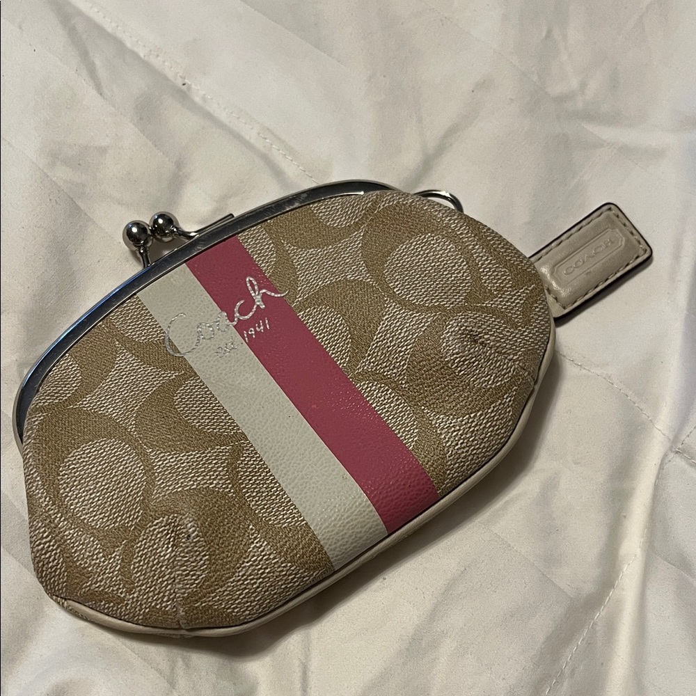 Coach Signature Tan and Pink Wristlet